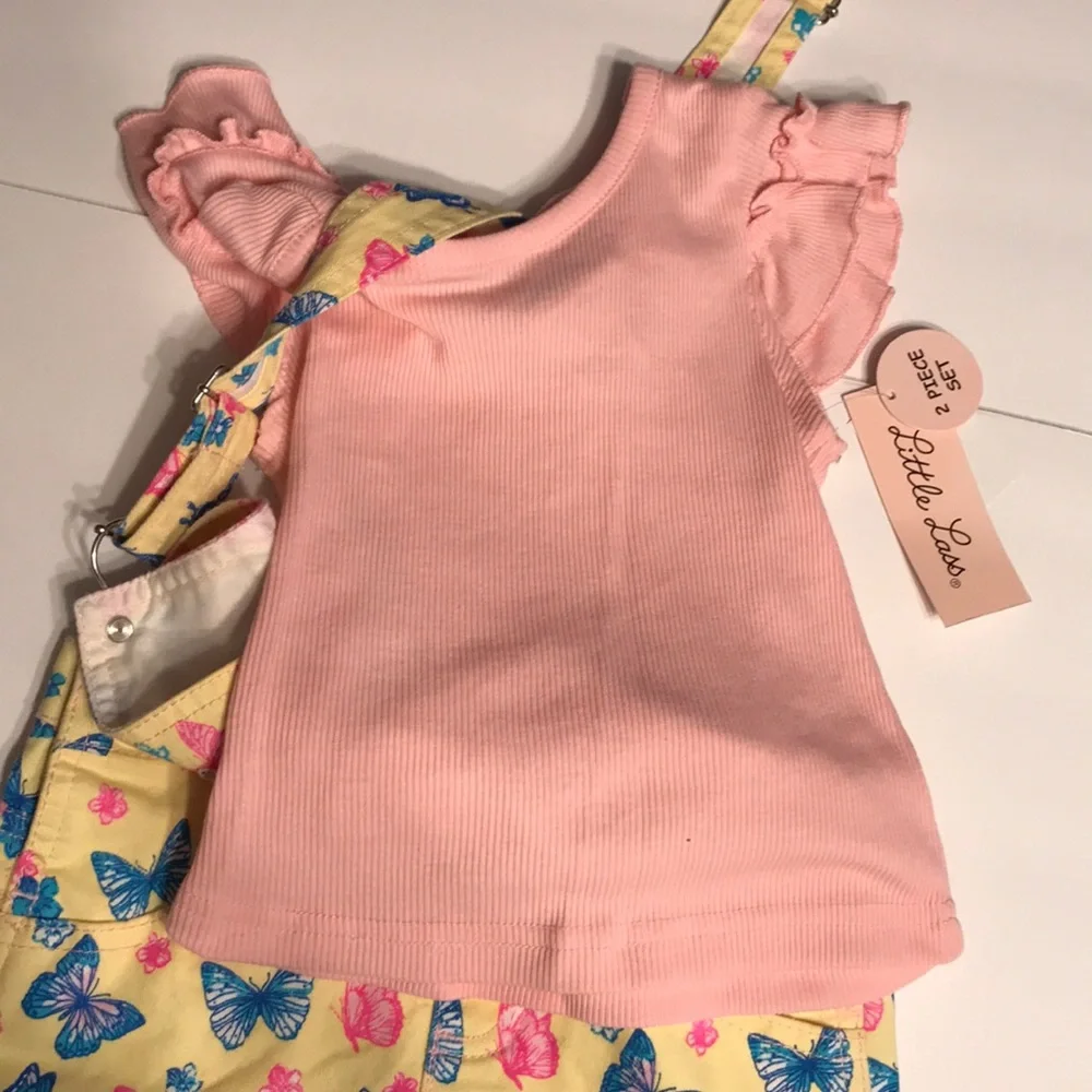 Toddler Girls jumper shorts Little Lass 2T butterfly overalls yellow pink new - Picture 4 of 8